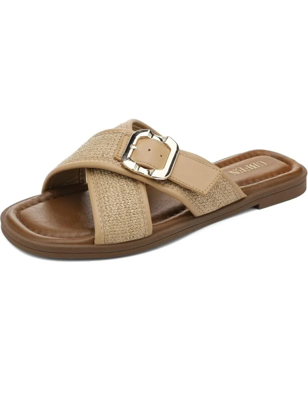 Women's Khaki 1 Square Toe Flat Sandals Slides Dressy Comfortable for Beach
